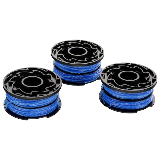 Three BLACK+DECKER replacement spool cartridges with blue nylon line, used for string trimmers, shown against a white background.