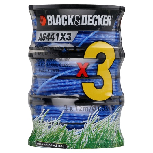 Photo of BLACK+DECKER A6441X3 replacement trimmer line, blue, triple pack, front angle, visible grass graphic.