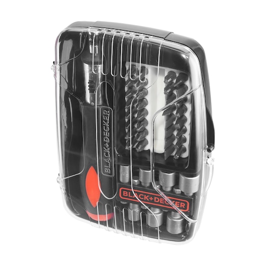 Photo of BLACK+DECKER A7062 screwdriver and drill bit set in clear plastic case, includes assorted bits and sockets, angled view.
