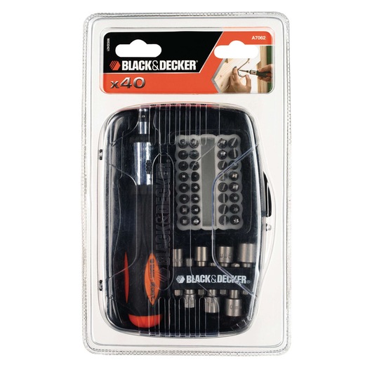 BLACK+DECKER A7062 screwdriver and bit set, 40-piece kit in blister packaging, photo shows contents on white background.