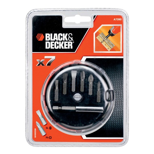 BLACKDECKER A7090 7-piece screwdriver bit set in blister packaging, flat and Phillips bits visible, front angle.