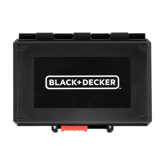 A black rectangular BLACK+DECKER branded case with a red latch, designed for storing accessories or tools.