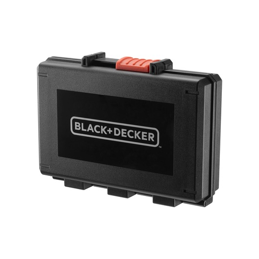 A black plastic carrying case with a red latch, featuring the BLACK+DECKER logo on the front.