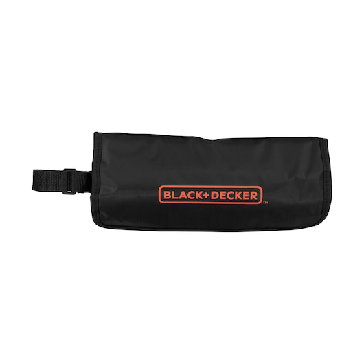 BLACK+DECKER tool accessory bag, black with orange logo, SKU A7144, front angle on white background.