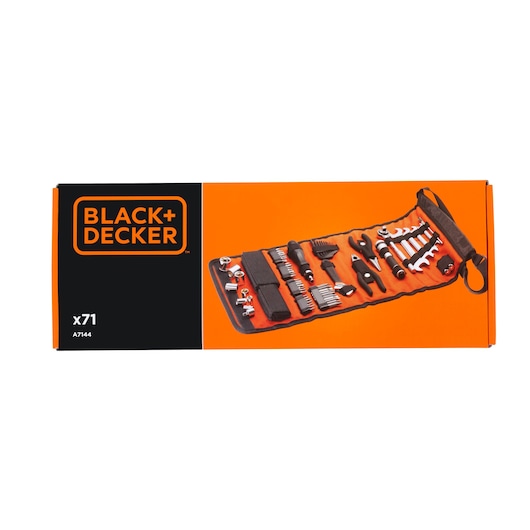 BLACK+DECKER A7144 tool roll set with assorted tools and orange packaging, front angle.