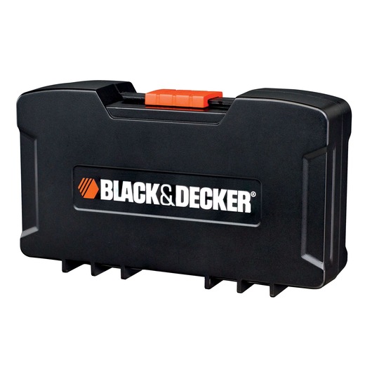 A black hard plastic carrying case with an orange latch and the BLACK+DECKER logo on the front.