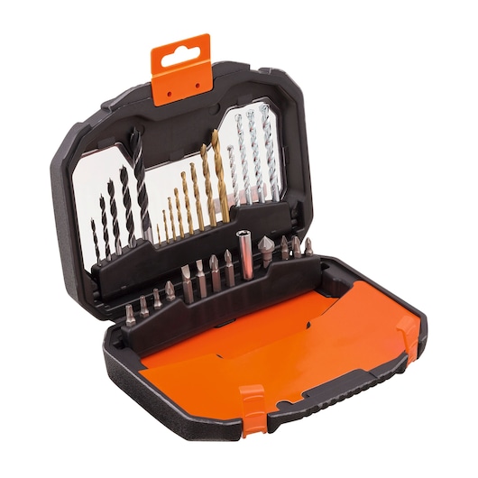 BLACKDECKER drill and bit set A7183-XJ in black and orange plastic case, product angle on white background.