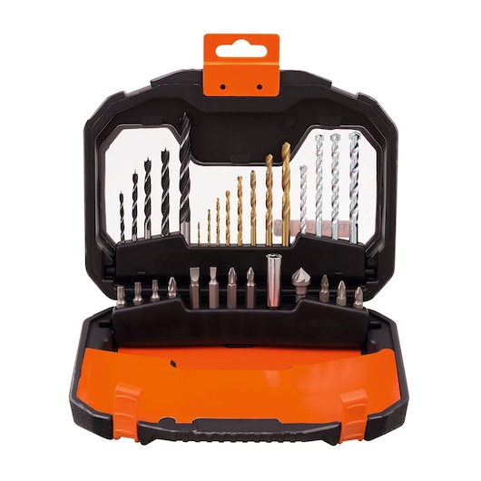 BLACKDECKER drill and bit set in open black and orange case, SKU A7183-XJ, front angle.