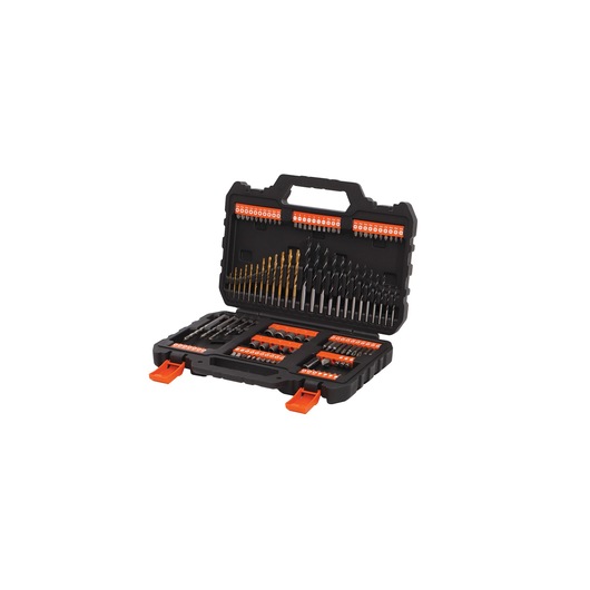 BLACKDECKER A7200 drill and bit set in black carry case, assorted bits and accessories, angled on white background.