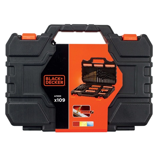 BLACK+DECKER A7200 drill and bit set in a black hard case, front angle, with 109 pieces shown on label.