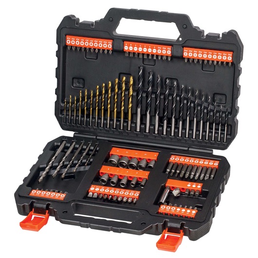 BLACK+DECKER A7200 drill and screwdriver bit set in black hard case, assorted tips and sockets, top view.