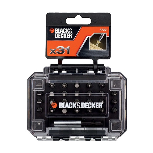 BLACK+DECKER A7201 screwdriver bit set, 31 pieces, in a clear plastic case, front angle on white background.