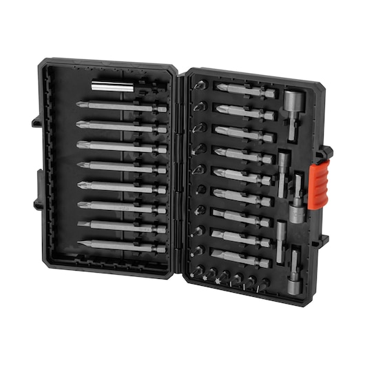 BLACKDECKER A7202 screwdriver bit set in black plastic case with orange latch, photo of open case showing various bits.