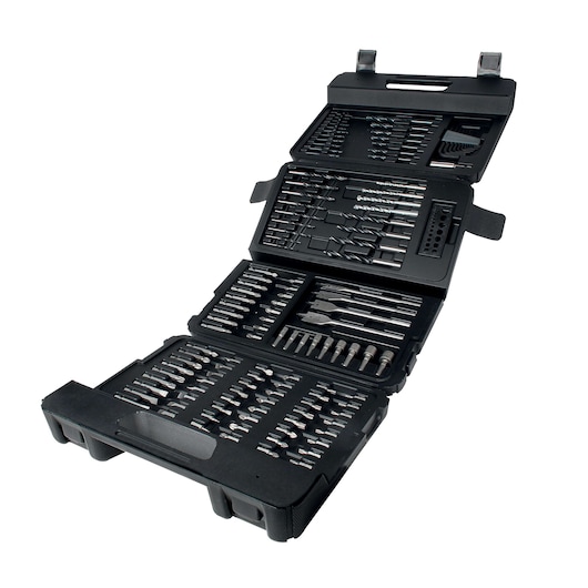 BLACKDECKER A7211 drill and screwdriver bit set in black plastic case, photo front angle, bits organized in trays.