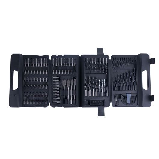 BLACKDECKER A7211 drill and screwdriver accessory set in black hard case, assorted bits and attachments, top view.