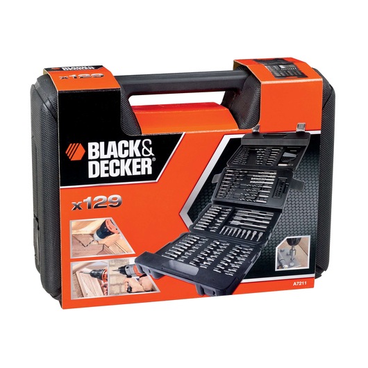 BLACK+DECKER A7211 drill and screwdriver bit set in black and orange carrying case, 129 pieces, front angle.