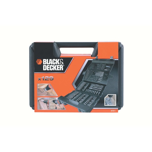 BLACK+DECKER drill bit and accessory set A7211, 129-piece kit in black case, front view on white background.
