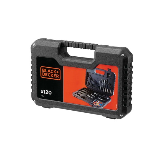 BLACK+DECKER A7220 120-piece drill and bit set in a sturdy black plastic carrying case, with an orange and black label showing the contents inside the case.