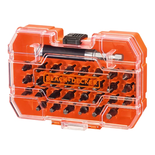 A BLACK+DECKER branded orange and transparent plastic case containing a set of screwdriver bits and a bit holder.