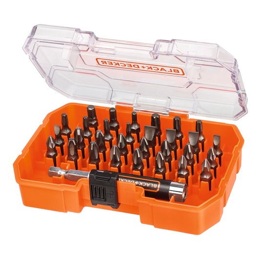 An orange BLACK+DECKER branded case containing multiple metal screwdriver bits and a bit holder, with a transparent lid.