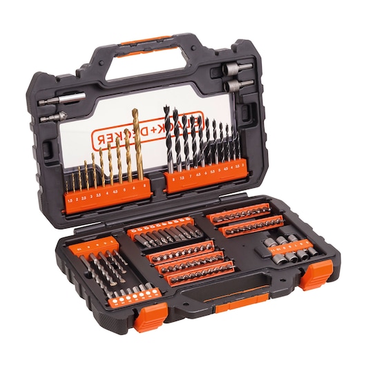 BLACK+DECKER A7230-XJ drill and screwdriver bit set in black and orange hard case, open angled view.