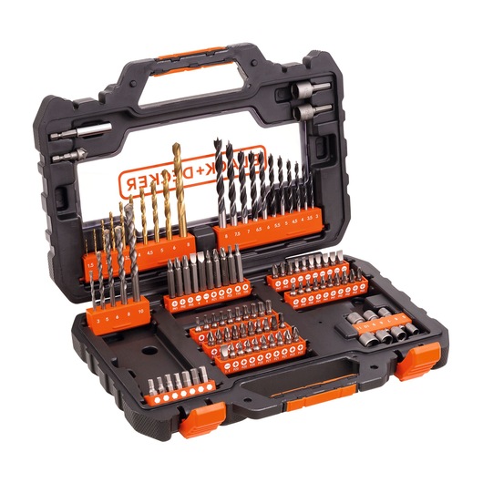 BLACKDECKER drill and bit set A7230 in open black case, assorted drill bits and screwdriver bits, front angle.