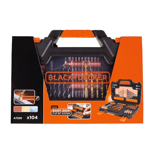 BLACK+DECKER A7230 drill and screwdriver bit set in orange and black case, 104 pieces, front angle.