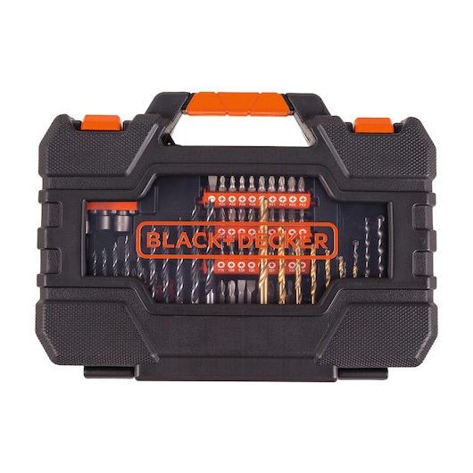 BLACK+DECKER A7230-XJ drill and screwdriver bit set in black plastic case, front angle on white background.