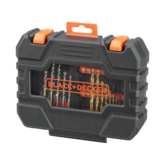 A BLACK+DECKER branded drill bit and screwdriver bit set in a sturdy black plastic carrying case with orange accents. The case features a transparent window showing various drill bits and screwdriver bits organized inside.