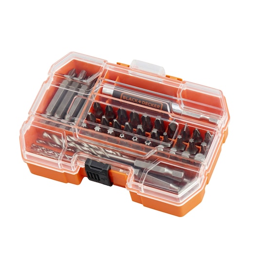Orange and transparent plastic case containing a Black+Decker drill bit and screwdriver bit set, with various bits and accessories organized inside.