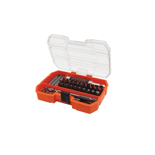 An orange BLACK+DECKER tool case with a transparent lid, containing a set of drill bits and screwdriver bits organized inside.