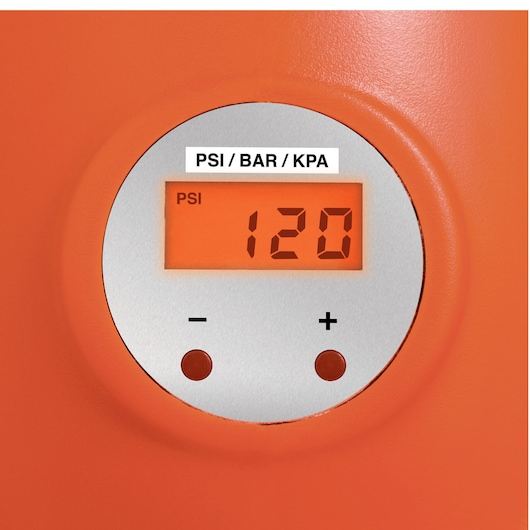BLACK+DECKER ASI200 digital air compressor close-up showing orange display reading 120 PSI with plus and minus buttons.