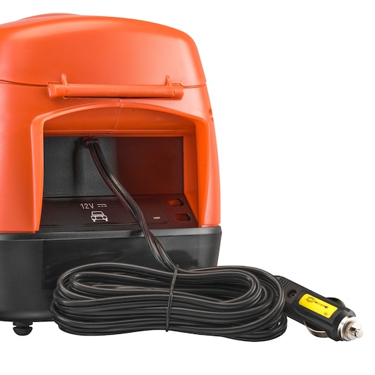 BLACKDECKER ASI300 portable air compressor in orange and black, front angle on white background with 12V car adapter cable.