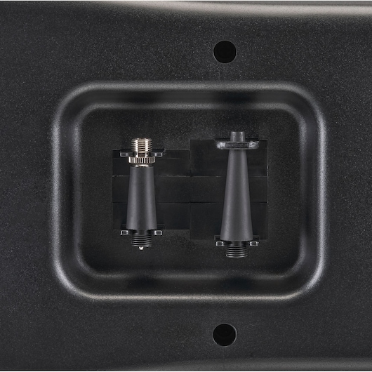 Close-up front angle of BLACKDECKER ASI300 air compressor needle and valve adapters stored in built-in compartment.