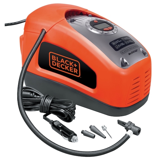 BLACK+DECKER ASI300 portable air compressor in orange and black with hose, cord, and nozzle adapters, front angle.