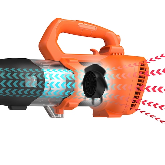 Photo of BLACKDECKER BCBL200L25 leaf blower side view showing airflow with colored arrows, white background.
