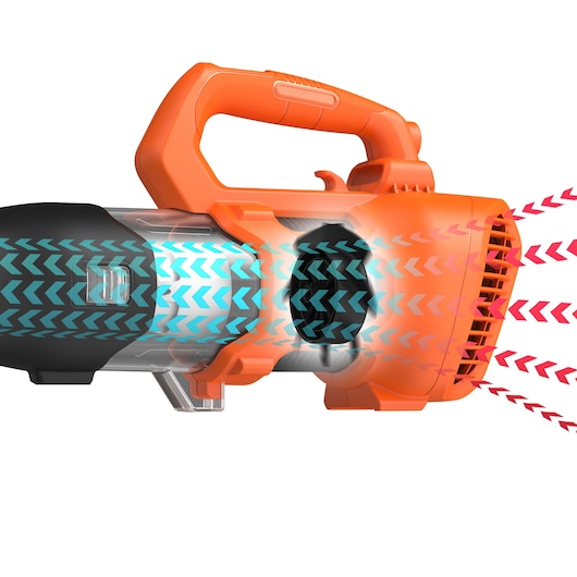 BLACKDECKER BCBL200L25 leaf blower side view with airflow arrows illustrating intake and output.