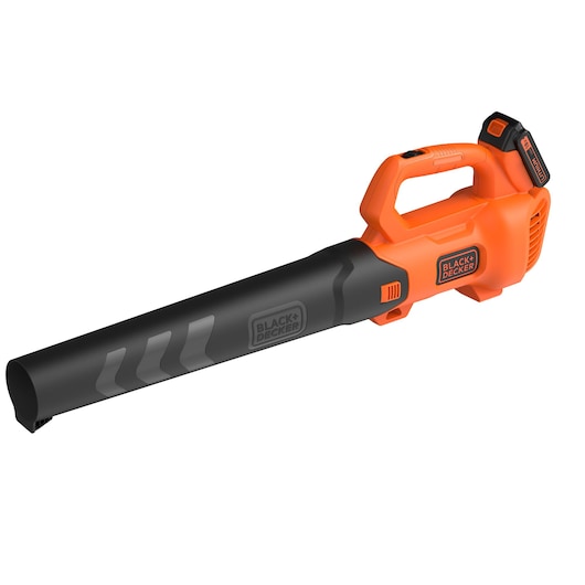 A BLACK+DECKER branded orange and black cordless leaf blower with a battery attached, designed for outdoor use.