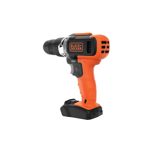 A BLACK+DECKER cordless orange and black power drill, 18V model, shown against a white background.