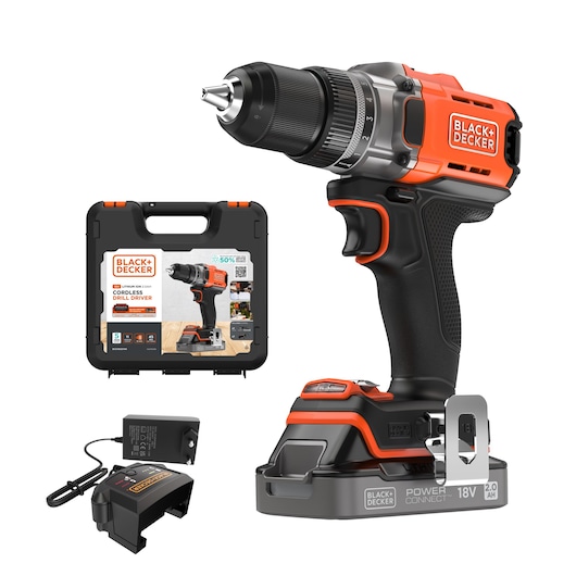 A BLACK+DECKER cordless drill driver set with 18V lithium-ion battery, including the drill, a battery charger, and a carrying case.