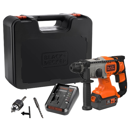 BLACK+DECKER cordless hammer drill kit, including a black carrying case, orange and black hammer drill, battery charger, drill bit, detachable chuck, and key.