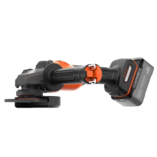 BLACK+DECKER cordless angle grinder with black and orange design, shown from the side.