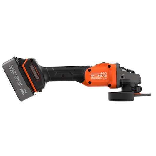 Cordless BLACK+DECKER angle grinder with 18V battery. Orange and black design, side profile view.
