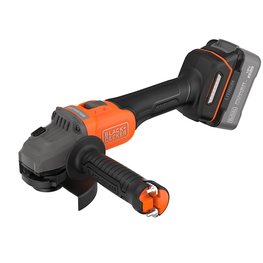 BLACK+DECKER cordless angle grinder with side handle and 18V lithium battery.