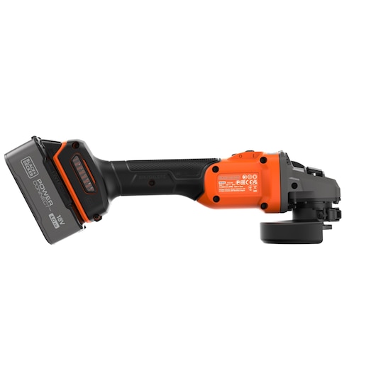 Cordless BLACK+DECKER angle grinder with 18V POWERCONNECT battery, black and orange design, side view.