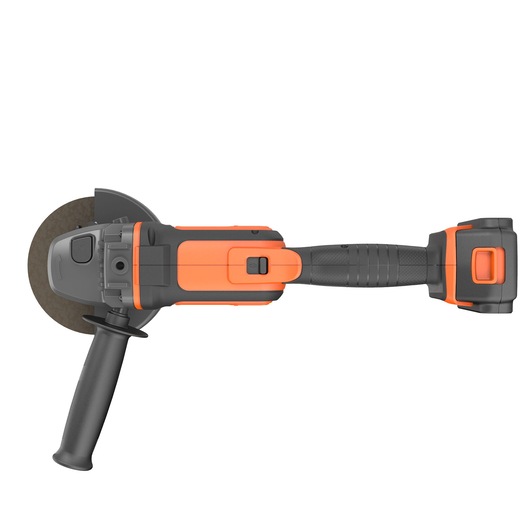 Cordless angle grinder with orange and black casing, viewed from above, featuring a side handle and battery compartment.