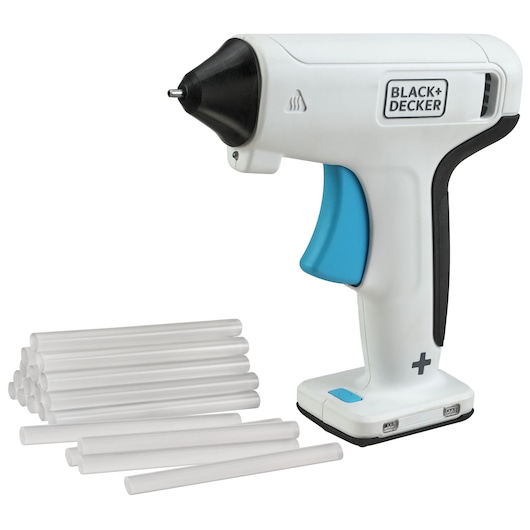 BLACK+DECKER BCGL115 cordless glue gun with blue trigger, black accents, and glue sticks, side angle on white.