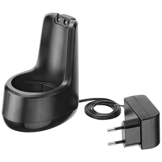 BLACK+DECKER BCKM1011KGF black charging base with power adapter, front angle on white background.