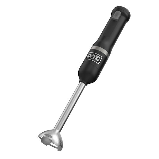 A BLACK+DECKER handheld immersion blender with a black handle and a stainless steel blending shaft and blade, shown against a white background.