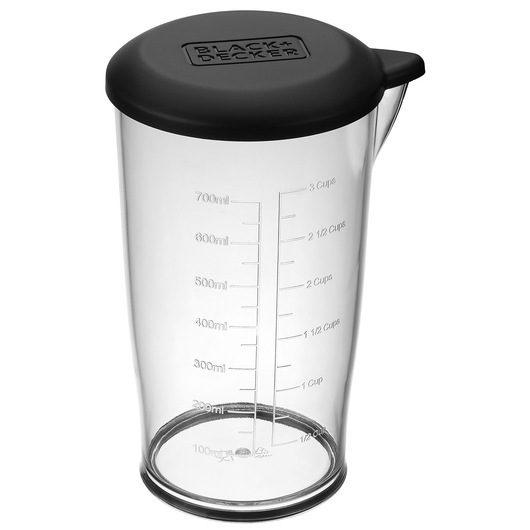 BLACK+DECKER BCKM1012KB clear measuring cup with black lid, marked in milliliters and cups, studio angle.